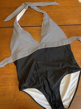 Striped Halter One-Piece Swimsuit - Black, White